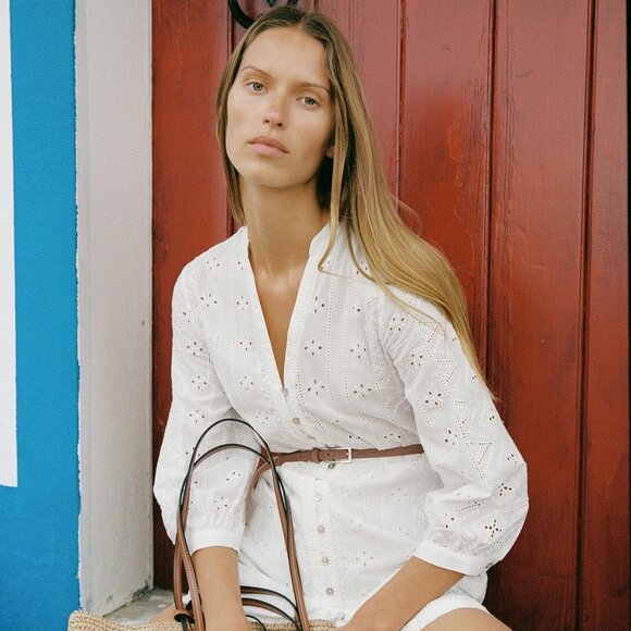 Zara White Eyelet Mini Dress Belted, Embroidered, Organic Cotton, Size Large NWT - Picture 3 of 13